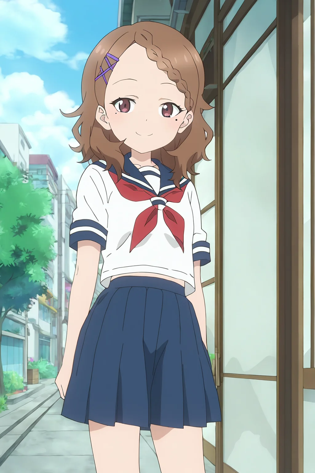 score_9,score_8_up,source_anime,, <lora:houjou-pony_narcissu:1>, 1girl,solo,houjou, houjou_(takagi-san),brown hair, hairclip, mole, mole under eye, braid, x hair ornament, medium hair, brown eyes, braided bangs, school uniform, serafuku, skirt, blue skirt, red neckrchief, short sleeves, blue sailor collar,black socks,anime screencap, standing,smile,looking at viewer, outdoor