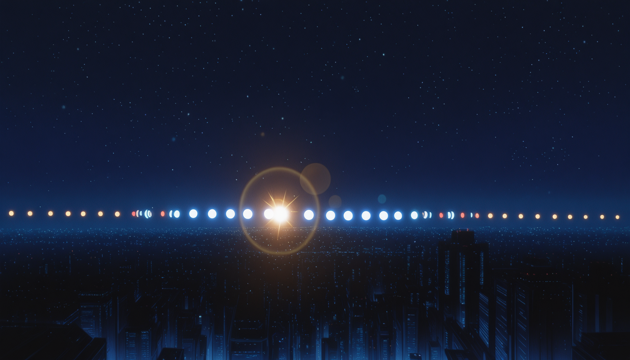 highly detailed, best quality, masterpiece, science fiction, anime screenshot,
no humans, blurry, bokeh, depth of field, danmaku, space, sky, star \(sky\), light particles, scenery, light, still life, lens flare, city vista, city lights, cityscape,  lights,  night sky <lora:Cyber City Oedo 808 Illustrious 0.1:0.8>
