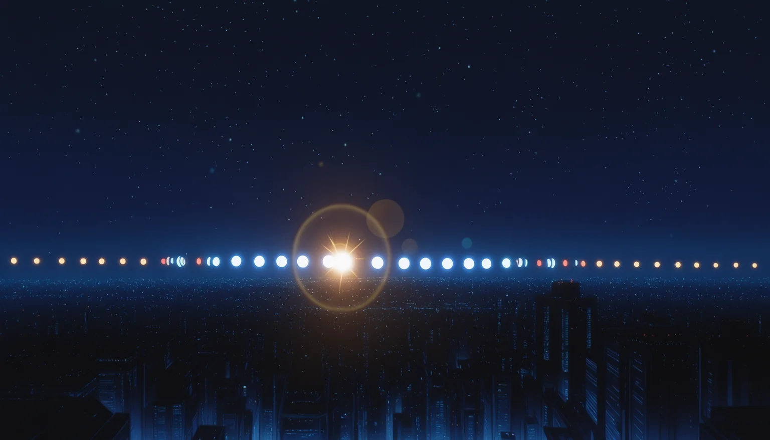 highly detailed, best quality, masterpiece, science fiction, anime screenshot,
no humans, blurry, bokeh, depth of field, danmaku, space, sky, star \(sky\), light particles, scenery, light, still life, lens flare, city vista, city lights, cityscape, lights, night sky <lora:Cyber City Oedo 808 Illustrious 0.1:0.8>