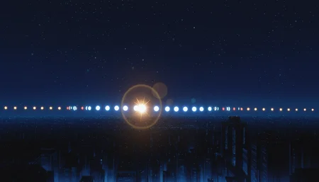 highly detailed, best quality, masterpiece, science fiction, anime screenshot,
no humans, blurry, bokeh, depth of field, danmaku, space, sky, star \(sky\), light particles, scenery, light, still life, lens flare, city vista, city lights, cityscape,  lights,  night sky <lora:Cyber City Oedo 808 Illustrious 0.1:0.8>
