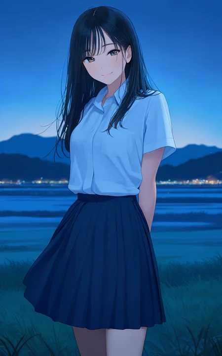 masterpiece, detailed, wrongdataset, 1girl, solo, blue hair, long hair, yellow eyes, school uniform, skirt, smile, standing, cowboy shot, outdoors, night, sky, grass, looking at viewer, <lora:wrongdataset_IL:1>