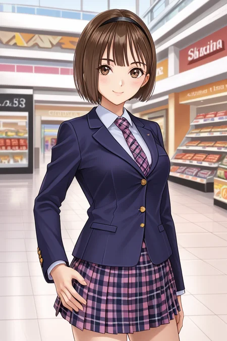 1girl, solo, looking at viewer, short hair, skirt, shopping mall, mall background, center of attention, brown hair, white background, brown eyes, school uniform, standing, jacket, cowboy shot, pleated skirt, hairband, necktie, hand on hip, plaid, plaid skirt, bob cut, blazer, Hoshizaki Ao, school uniform outfit,<lora:Hoshizaki_Ao_Blue_Reflection_Pony:0.95>, sexy pose, sexy smile,