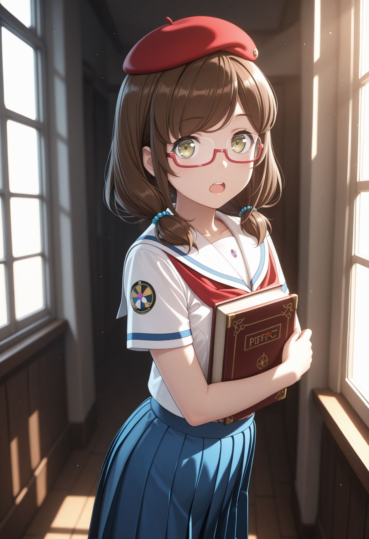 masterpiece,best quality,absurdres,highres,very aesthetic,high quality,detailed,insanely detailed,beautiful,perfect lighting, looking at viewer, looking at viewer,
 <lora:Momo Aoki:1>1girl, school uniform, brown hair, glasses, hat, pleated skirt, beret, serafuku, open mouth, twintails, semi-rimless eyewear, book, blue skirt, neckerchief, hair ornament, short sleeves
