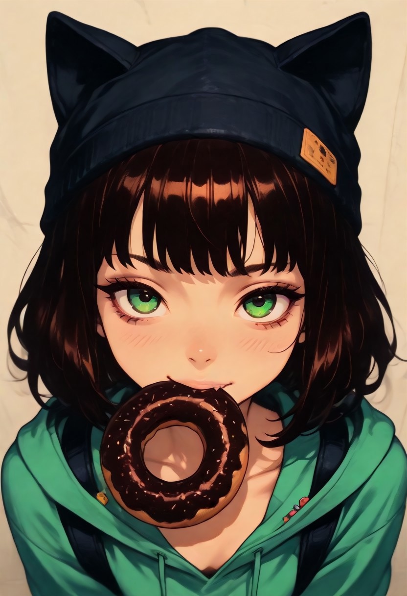 (Opening:0.0)
(score_9, score_8_up, score_7_up), (lazypos), masterpiece, amazing quality, perfect face, perfect eyes, detailed eyes, 4K, ultra-detailed, ((1 girl, solo)), (from chest to head, high angle, portrait), figure focus
(Girl:0.0)
slim body, fair skin, short messy dark brown hair, playful vibe, wearing black cap with cat ears and two colorful pins, mouth holding chocolate donut with rainbow sprinkles, visible collarbone, relaxed posture
(Clothes:0.0)
light olive green hoodie, hoodie slightly open at neck, visible backpack straps on shoulders
(Pose:0.0)
bending forward, elbows slightly bent, head tilted up, mouth biting donut, shoulders relaxed
(Scene:0.0)
plain beige wall background, soft natural lighting on her body, subtle shadows, blur background, cozy and playful atmosphere