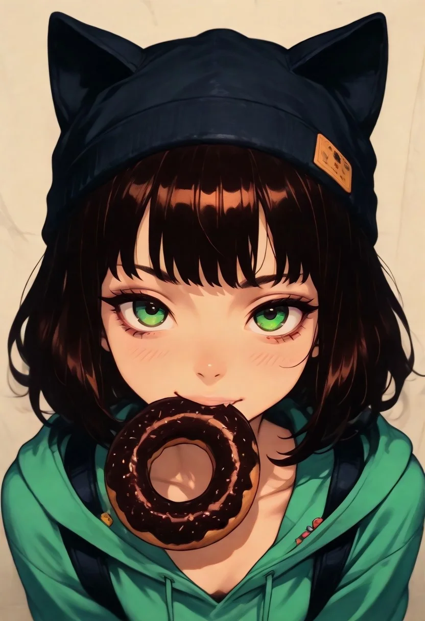 (Opening:0.0)
(score_9, score_8_up, score_7_up), (lazypos), masterpiece, amazing quality, perfect face, perfect eyes, detailed eyes, 4K, ultra-detailed, ((1 girl, solo)), (from chest to head, high angle, portrait), figure focus
(Girl:0.0)
slim body, fair skin, short messy dark brown hair, playful vibe, wearing black cap with cat ears and two colorful pins, mouth holding chocolate donut with rainbow sprinkles, visible collarbone, relaxed posture
(Clothes:0.0)
light olive green hoodie, hoodie slightly open at neck, visible backpack straps on shoulders
(Pose:0.0)
bending forward, elbows slightly bent, head tilted up, mouth biting donut, shoulders relaxed
(Scene:0.0)
plain beige wall background, soft natural lighting on her body, subtle shadows, blur background, cozy and playful atmosphere