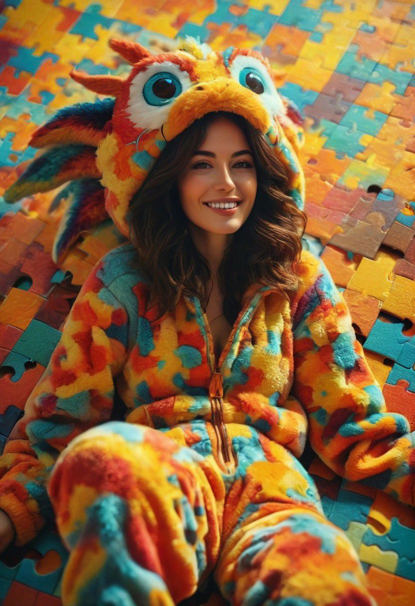 Blade Runner, a Slender Natural blushed freckled smiling Woman in dragon costume, in fluffy Fleece Bodysuit, Cleavage, hyper detailed, dark limited Natural palette, Laying on giant Jigsaw puzzle that Shows=("an artwork that merges Luca Martini's abstract vibrancy, centered around a perfectly harmonious sun dawn") in cozy lighting, from above, (intricate details, masterpiece),
atmospheric haze, Film grain, cinematic film still, shallow depth of field, highly detailed, high budget, cinemascope, moody, epic, OverallDetail, gorgeous, 2000s vintage RAW photo, photorealistic, candid camera, color graded cinematic, eye catchlights, atmospheric lighting, skin pores, imperfections, natural, shallow dof