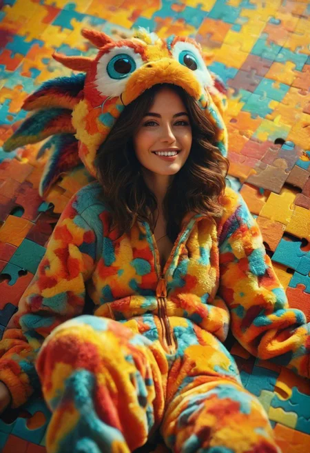 Blade Runner, a Slender Natural blushed freckled smiling Woman in dragon costume, in fluffy Fleece Bodysuit, Cleavage, hyper detailed, dark limited Natural palette, Laying on giant Jigsaw puzzle that Shows=("an artwork that merges Luca Martini's abstract vibrancy, centered around a perfectly harmonious sun dawn") in cozy lighting, from above, (intricate details, masterpiece),
atmospheric haze, Film grain, cinematic film still, shallow depth of field, highly detailed, high budget, cinemascope, moody, epic, OverallDetail, gorgeous, 2000s vintage RAW photo, photorealistic, candid camera, color graded cinematic, eye catchlights, atmospheric lighting, skin pores, imperfections, natural, shallow dof
