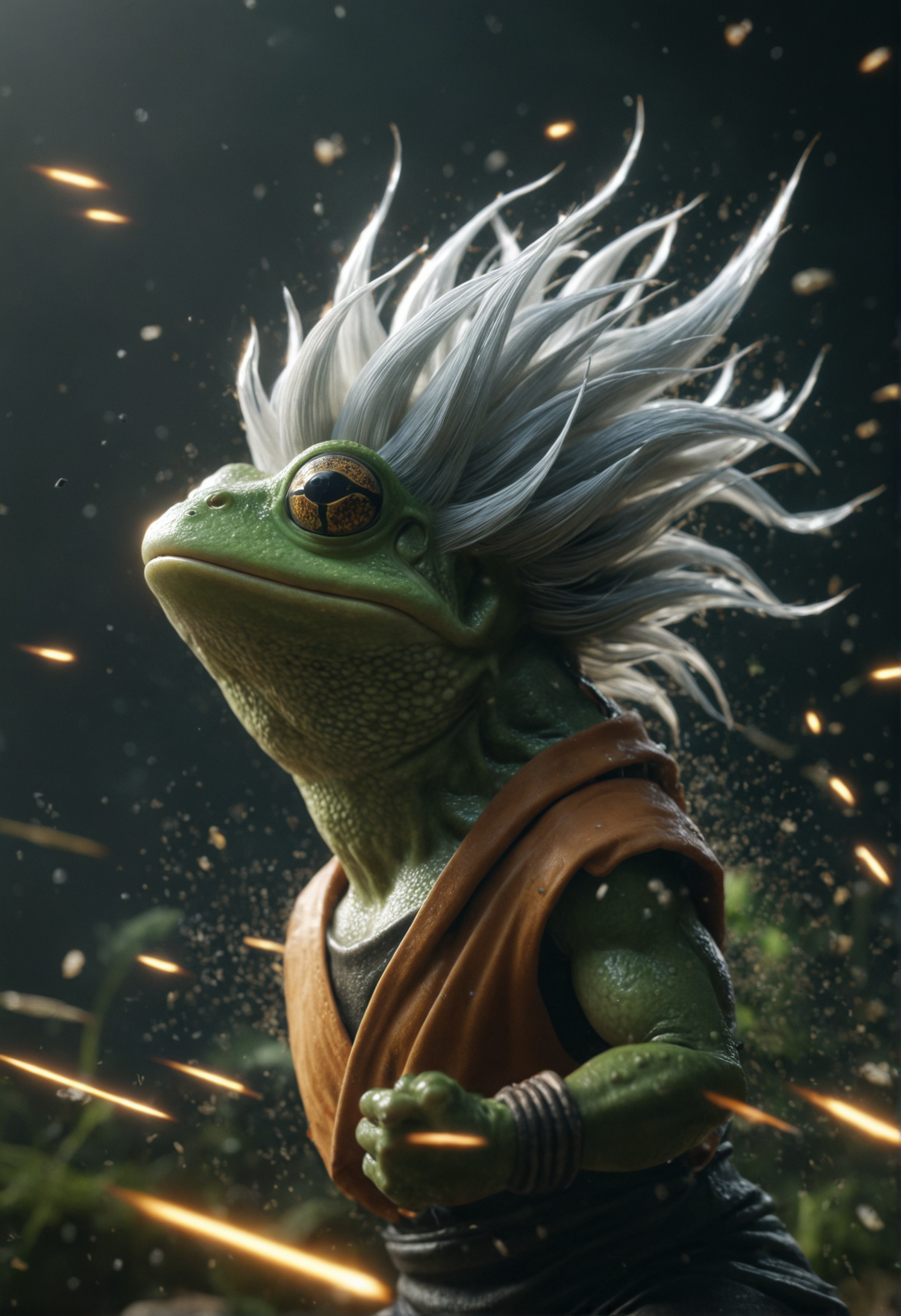 cinematic, dramatic, insane details, high quality, frog with silver long spiky hair going super saiyan, energetic, particles flying around, <lora:DetailMaximizer:1>
