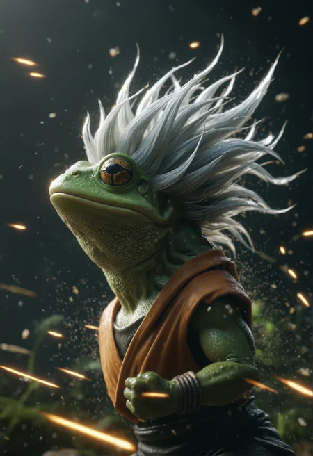 cinematic, dramatic, insane details, high quality, frog with silver long spiky hair going super saiyan, energetic, particles flying around, <lora:DetailMaximizer:1>