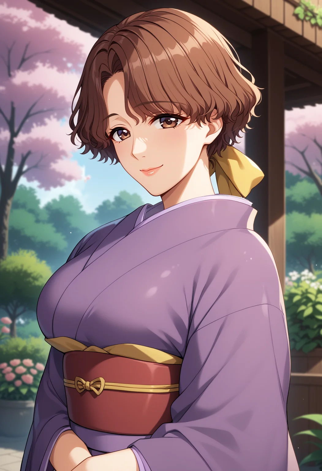 score_9, score_8_up, score_7_up, BREAK reisi,1girl,brown hair,brown eyes,looking at viewer,short hair,wavy hair, yellow hair bow, mature female,large breasts,purple kimono,floral print,obi,outdoors,smiling,garden,trees,<lora:Reikos:1>