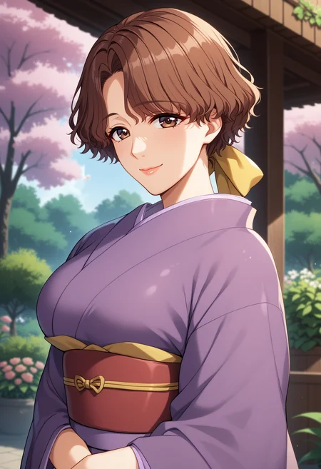 score_9, score_8_up, score_7_up, BREAK reisi,1girl,brown hair,brown eyes,looking at viewer,short hair,wavy hair, yellow hair bow, mature female,large breasts,purple kimono,floral print,obi,outdoors,smiling,garden,trees,<lora:Reikos:1>