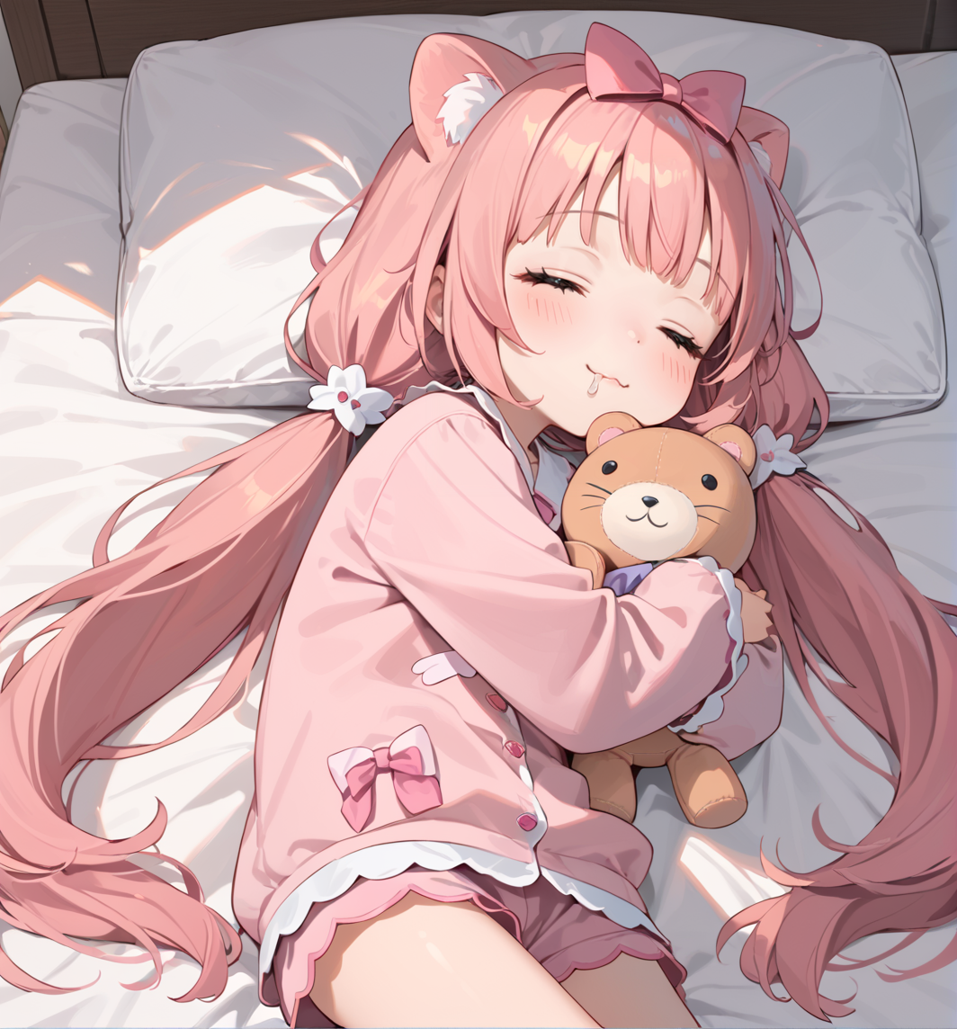 score_9, score_8_up, score_7_up,source_anime, high res image,masterpiece,best quality,girl, cute face, hugging plushie, bed, lying on bed, asleep, drooling, sleep, closed eyes,<lora:VibrantDigitalPainting:0.3>, pink pajamas, clear skin,shiny hair,dynamic pose, trashcat, indie_virtual_youtuber, pink hair, long hair, twintails, <lora:Trashcat:1>