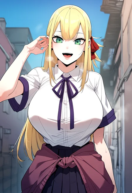 score_9, score_8_up, score_7_up, score_6_up, source_anime, rating_explicit, <lora:neg4all_bdsqlsz_V3.5:2.0>1girl, (solo:1.2), huge breasts, <lora:Yoo Da-heeponyxl:1> blonde hair, long hair, green eyes, hair ribbon, red ribbon, school uniform, purple ribbon, neck ribbon, jacket on waist, white shirt, collared shirt, short sleeves, black skirt, pleated skirt, smile, open mouth, Narrow shoulders, heavy breathing, steaming body, alley, outdoors, looking at viewer