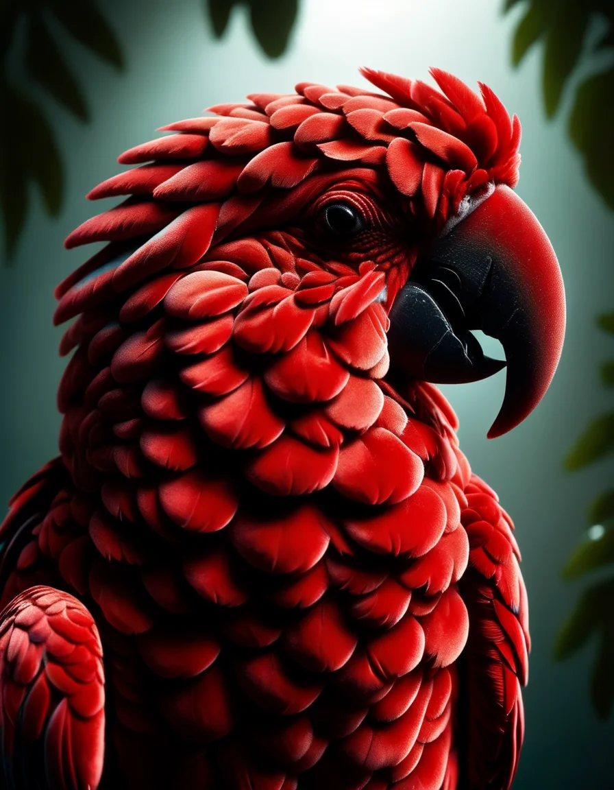 colorful parrot, playful , (ruffed feathers:1.2), dawn, dew, jungle, rain, windy storm, dark, calm, slumber incoming, back-light, silhouette, filigree shadows <lora:ral-rdvlv:1> ral-rdvlv