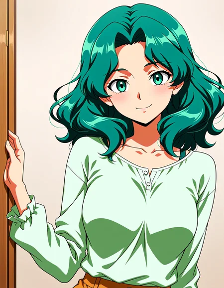<lora:dmd2_sdxl_4step:1>,official style,masterpiece,best quality,newest,absurdres,highres,very awa,<lora:Sailor_Neptune_v3:1>,kaiou michiru,solo,green eyes,green hair,medium hair,medium breasts,smile,casual,