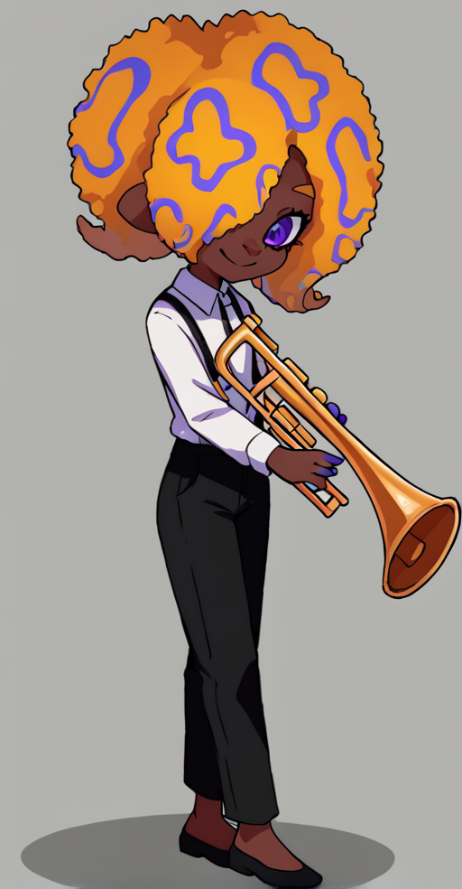 score_9, solo, 1girl, dark skin, black pants, pants, purple eyes, hair over one eye, shirt, white shirt,  afro, smile, trumpet, <lora:tao_blu_splatoon:1>