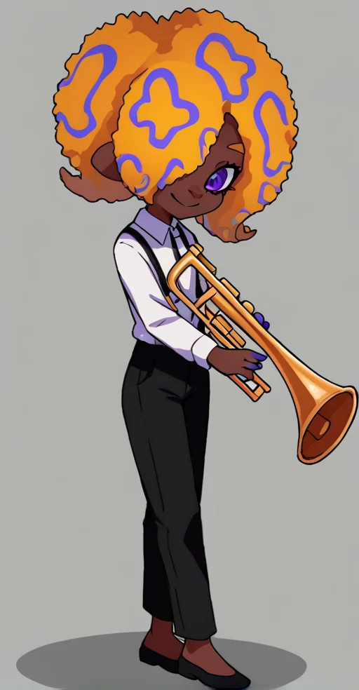 score_9, solo, 1girl, dark skin, black pants, pants, purple eyes, hair over one eye, shirt, white shirt, afro, smile, trumpet, <lora:tao_blu_splatoon:1>
