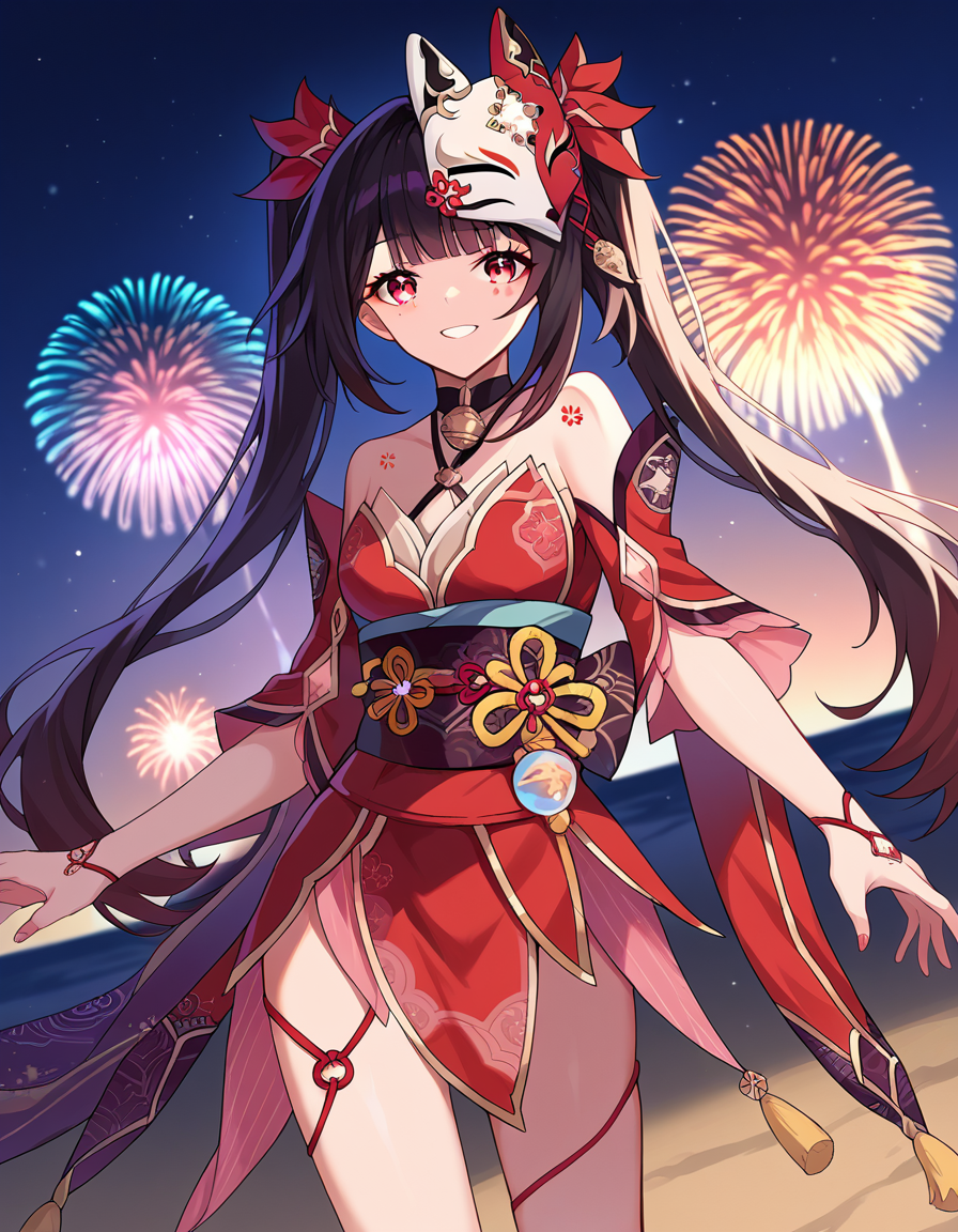 score_9, score_8_up, score_7_up, source_anime,
honkaisparkle, <lora:honkai-sparkle-ponyxl-lora-nochekaiser:1>,
sparkle, long hair, bangs, black hair, hair ornament, twintails, red eyes, bell, mask, mask on head, fox mask, smile,
dress, bare shoulders, japanese clothes, sash, tattoo, red dress,
outdoors, fireworks, festival,
looking at viewer, cowboy shot, dutch angle, dynamic pose,