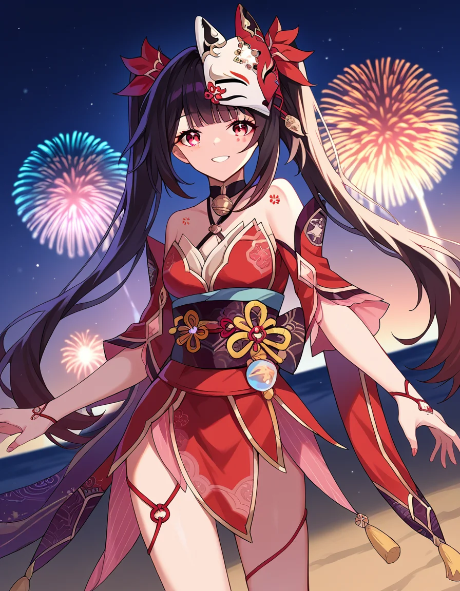 score_9, score_8_up, score_7_up, source_anime,
honkaisparkle, <lora:honkai-sparkle-ponyxl-lora-nochekaiser:1>,
sparkle, long hair, bangs, black hair, hair ornament, twintails, red eyes, bell, mask, mask on head, fox mask, smile,
dress, bare shoulders, japanese clothes, sash, tattoo, red dress,
outdoors, fireworks, festival,
looking at viewer, cowboy shot, dutch angle, dynamic pose,