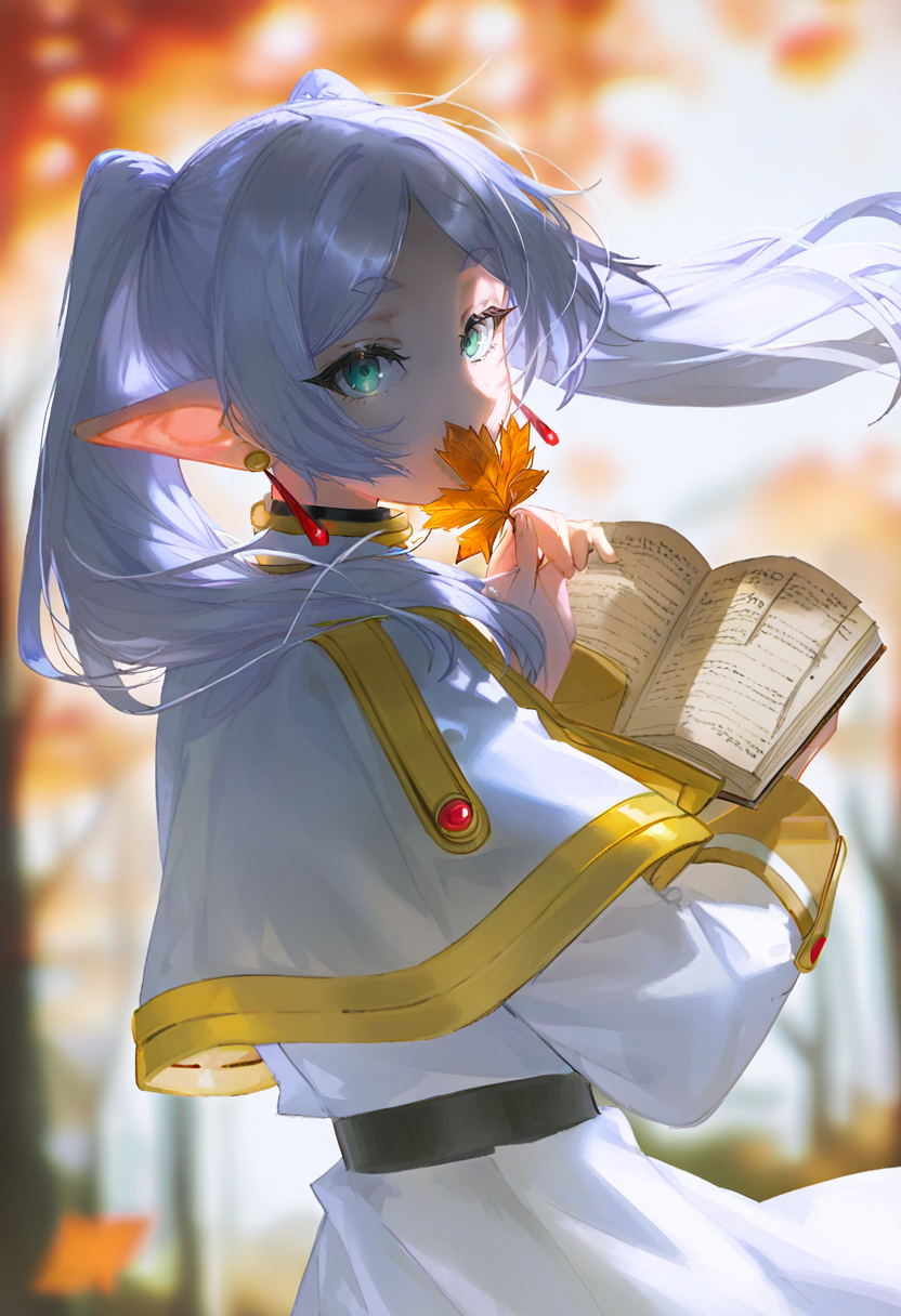 frieren, 1girl, twintails, pointy ears, solo, holding, jewelry, green eyes, earrings, book, long hair, capelet, blurry, elf, looking at viewer, leaf, holding leaf, blurry background, open book, white capelet, long sleeves, autumn leaves, holding book, dress, looking back, white dress, from side, bangs, falling leaves, depth of field, outdoors, belt, grey hair, upper body <lora:quasarcakeXL_NBVP1_lokr_V6311P:0.95>