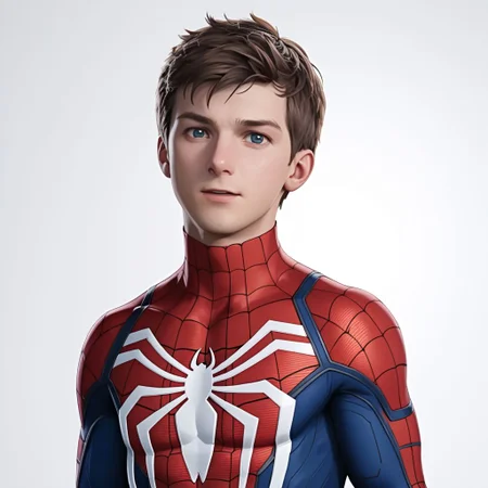 ASCIImasterpiece, best quality, solo, peter_parker, advancedsuit, detailed symmetric reflective blue eye, in front of a (plain white background: 1.3), 4k, 8k, intricate detail, soft lighting,