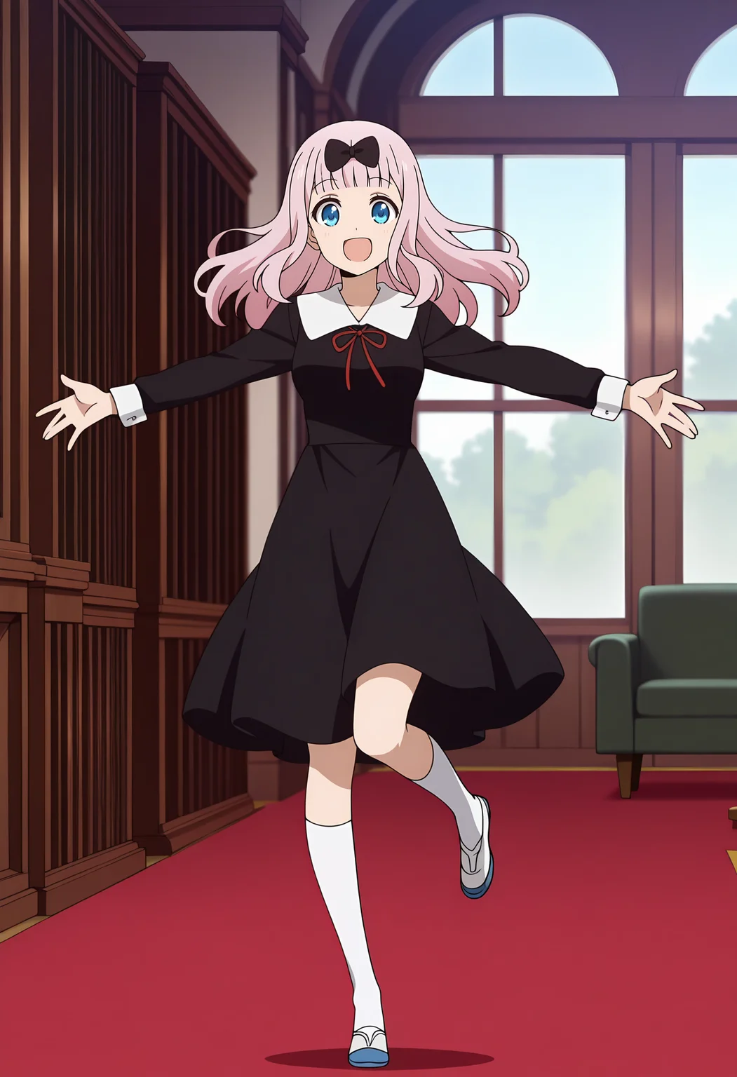 anime screencap, masterpiece, best quality,
<lora:Kaguya-samaWaKokurasetai_FujiwaraChika_IlluXL:0.9>,
1girl, solo, smile, open mouth, floating hair,
blunt bangs, long hair, pink hair, blue eyes, hair bow, black bow,
white collar, neck ribbon, red ribbon, medium dress, black dress, long sleeves,
kneehighs, white socks, uwabaki,
spread arms, airplane arms, open hands, leg up, full body, looking at viewer,
indoors, desk, bookshelf, window, red carpet, couch, photo background, blurry background