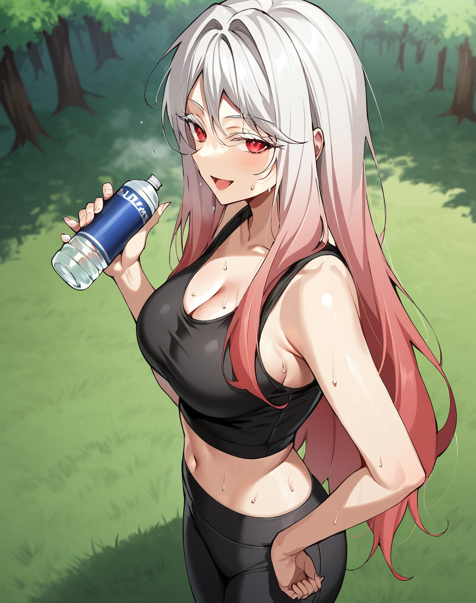 hongbiyeon, red eyes, gradient hair, white hair, red hair, long hair, white eyelashes, manhwa, black crop top, cleavage,  midriff,  sleeveless, black yoga pants, sweat, sweating BREAK  outdoors, park, forest, medieval BREAK looking at viewer, sexy face, sexy smile, open mouth, cowboy shot, from side, hold water bottle, BREAK score_9, score_8_up, score_7_up, source_anime ,zPDXL, perfect hand, <lora:Hong_Biyeon:0.8>, from above, dutch angle