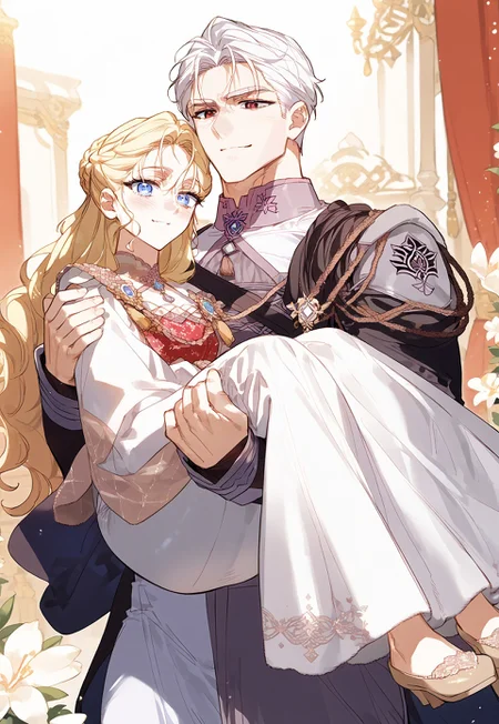 zPDXL3, score_9_up, score_8_up, score_7_up, (Anime_source), 1girl, Rudbeckia, blue eyes, blonde hair, long hair, Rudbeckia dress, braid, 1boy, Iske, red eyes, white hair,
Iske noble uniform, princess carry, luxurious banquet, cowboy shot, looking at viewer, smile, little blush
