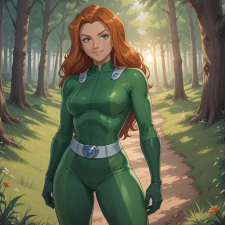 score_9, score_8, BREAK, solo, Sam_(Totally_Spies), orange hair, long hair, green eyes, green gloves, green latex bodysuit, belt, skin tight, high heels, sexy pose, self portrait, smile, looking at viewer, outdoors, sunlight, shadows, evening lighting, natural lighting, forest, trees, grass, orange sky, sunset