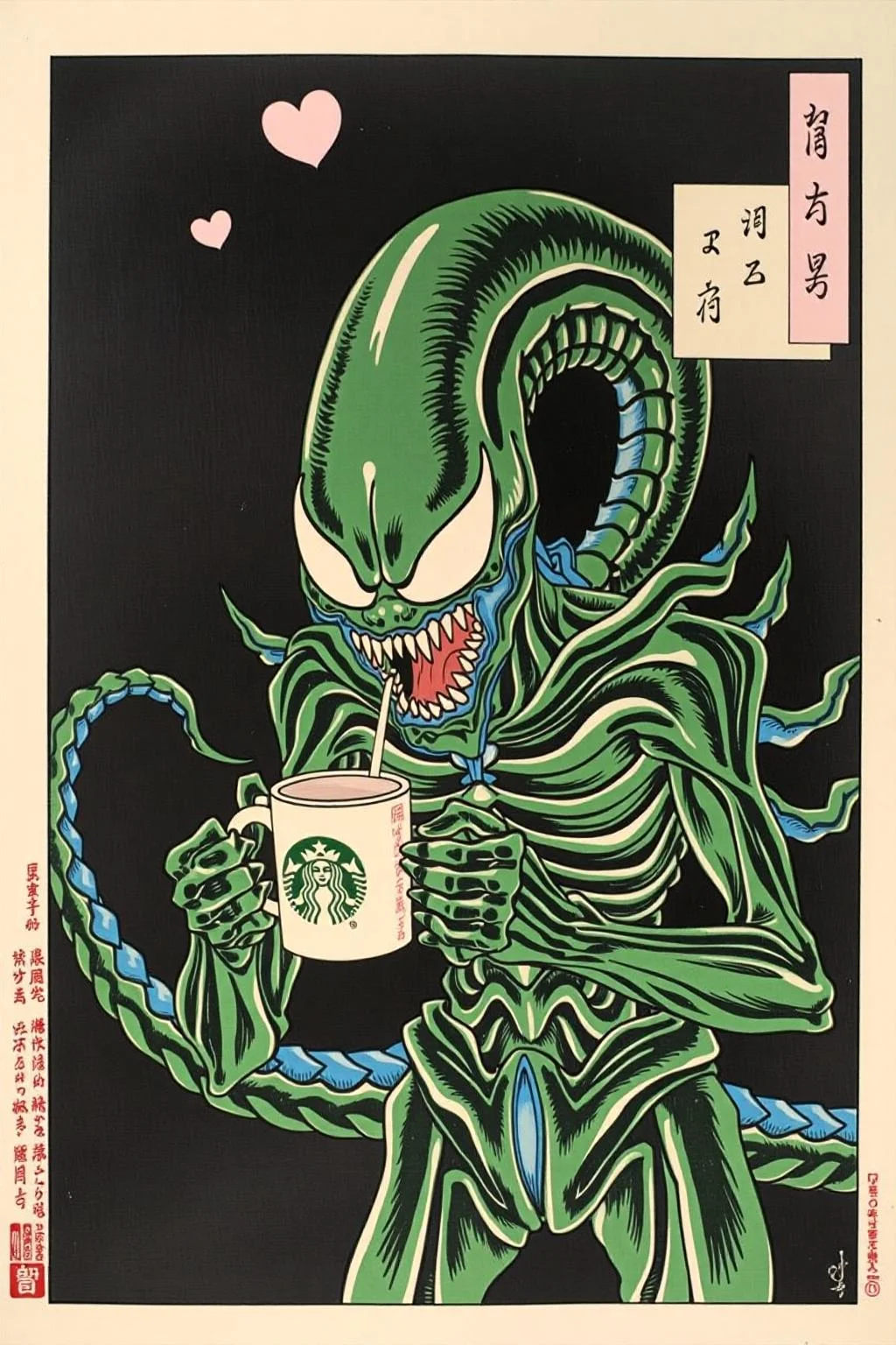 tsukioka1 Japanese woodblock print ukiyo-e.
xenomorph is grabbing a starbucks mug, black background, vivid, terrifying, growling, scary, dark mood, speech bubble heart, vivid, colorful, acid green background. <lora:schnell_v1.0:1.0> <lora:tsukioka_ukyo-e4_nocap_d8a4:1.0><lora:798027859005376986:0>