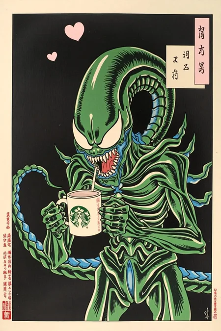 tsukioka1 Japanese woodblock print ukiyo-e.
xenomorph is grabbing a starbucks mug, black background, vivid, terrifying, growling, scary, dark mood, speech bubble heart, vivid, colorful, acid green background. <lora:schnell_v1.0:1.0> <lora:tsukioka_ukyo-e4_nocap_d8a4:1.0><lora:798027859005376986:0>