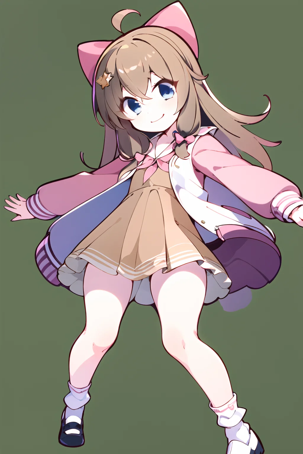 masterpiece, best quality, 1girl, solo, dynamic pose, brown hair, blue eyes, (official dress), jacket, pink hair bow, <lora:jiaranV23:1>, <lora:yuzusoft-chibiV2:0.8>, chibi, light smile, simple background, dynamic angle, full body, white socks, outstretched arms, neckerchief,
