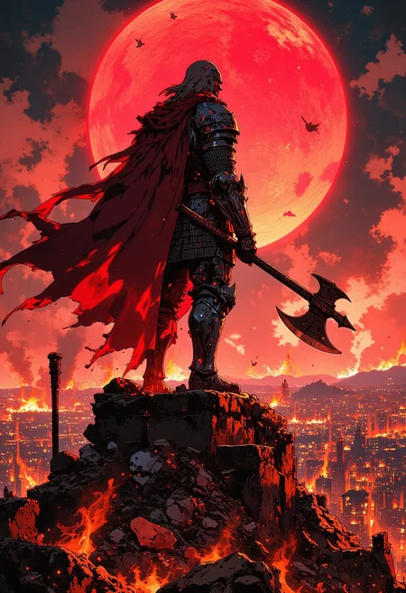 A fearsome warlord, clad in blackened steel armor adorned with crimson battle scars, stands atop a ruined fortress, his massive battle-axe resting at his side. Behind him, a massive blood-red eclipse looms over the battlefield, casting a hellish glow on the land below. The air is thick with embers and drifting ash, remnants of the burning villages that stretch across the horizon. His cape, torn and tattered, flutters in the toxic wind, while distant war horns signal the approach of another brutal conquest. The scene is intense, with deep blacks, glowing reds, and fiery orange highlights creating a nightmarish vision of war. Dark fantasy realism, hyper-detailed textures, cinematic lighting, dynamic composition, war-torn landscape, high contrast, apocalyptic energy.