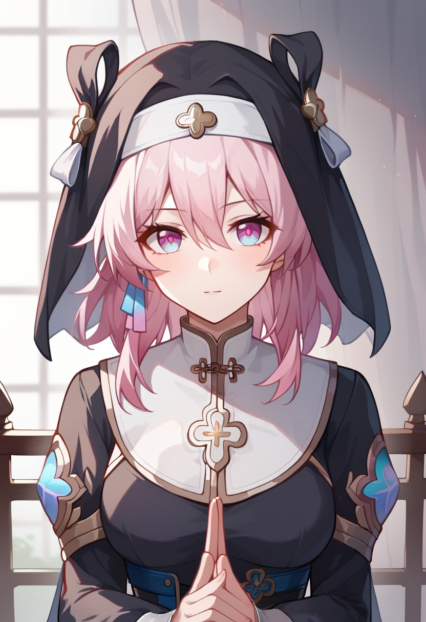 score_9,score_8_up,score_7_up,<lora:march_7th_(hunt))_pony-000020:0.8>,march_7th_(hunt)_(honkai:_star_rail),1girl,solo,pink_hair,blue_eyes,pink_eyes,hair_between_eyes,medium_hair,medium_breasts,hair_ornament,nun,