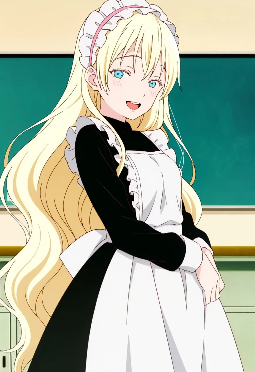 best quality, masterpiece, anime screencap, anime coloring, ultra detailed, source_anime, intricate details, perfect anatomy,
olivia, 1girl, solo, long hair, blonde hair, very long hair, bangs, blue eyes, bangs,
apron, long sleeves, maid, black dress, dress, maid apron, white apron, frills, frilled apron, maid headdress, chalkboard, indoors,
small breasts, shiny skin, looking at viewer, shy, smile, teeth, open mouth,