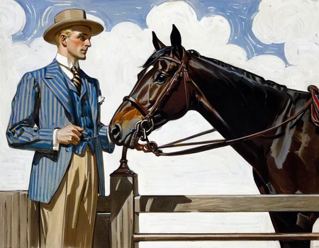 JCLeyendecker eye-level 1910s illustration of a blonde-haired man, wearing blue-striped-shirt light tan brown pants. he sits on the top rail of a fence, while a brown-suited woman stands to the left in front of a backdrop of white brush strokes. The man is standing and looking right while sitting on the rail using one hand for support in his other hand elegant wooden walking cane with an ornate brass handle, which stretches horizontally away from the body. He wears a blue and white vertically-striped high collared shirt on with with black, red, and yellow striped tie, light-brown pants and brown riding boots. He wears brown riding gloves. Directly behind him, a brown horseâs head towers a bit over his own. The horse is facing forward, but his head is turned slightly to the left. Behind the horse, a black horse can be seen directly behind his own. To the left, a woman standing and looking left. She has an equestrian hat on with a matching brown suit and black tie. She is holding an equestrian riding crop in her right hand, which she's raising to the side of her forehead.<lora:JCLeyendecker1-000001:1>
