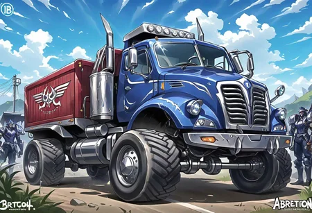 a truck illustrated by llbreton,anime style,