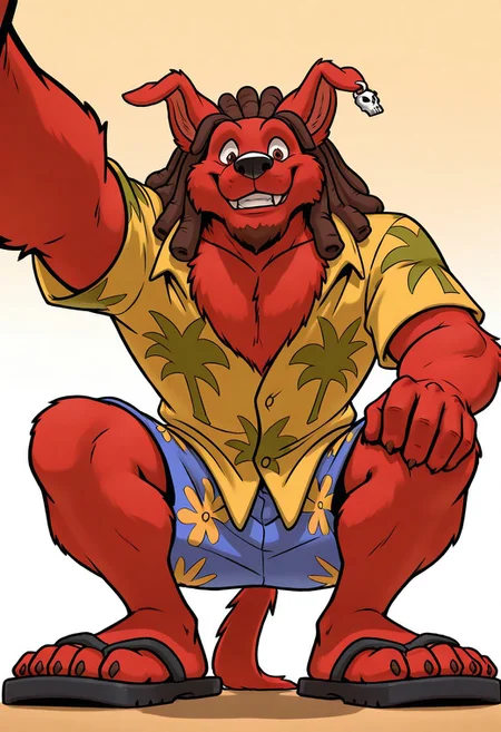 masterpiece, ultra detailed, amazing quality, absurdres, very aesthetic, no humans, solo focus, male focus, furry male, 1boy, from below, 
d_w0lf_mon, red fur, red body, body fur, elbow tuft, brown hair, dreadlocks, brown eyes, long snout, black nose, single earring, skull earring, smile, fangs, looking at viewer, grin, teeth, wide-eyed, facial hair, chin tuft, wrinkles, mature male, droopy ears, muscular, chest tuft, pectoral cleavage, yellow shirt, collared shirt, hawaiian shirt, palm tree print, short sleeves, partially unbuttoned, blue shorts, swimming trunks, floral print shorts, leaning forward, squatting, looking down,, finger claws, tail, sandals, toe claws, perfect hands, perfect feet, 5 fingers, 4 toes, looming, low-angle view, outstretched arm, reaching towards viewer, hand on own knee, 
BREAK 
simple background, gradient background, perfect lighting, shadow,