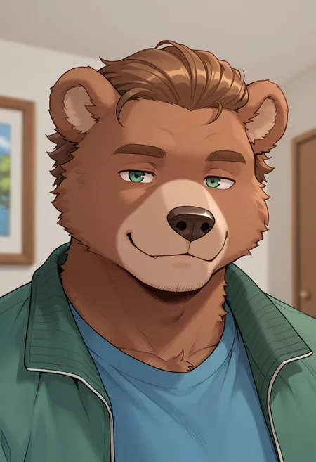 masterpiece, best quality, amazing quality, solo, 1boy, bear, furry bear, bearian, hairstyle backwards, blue tshirt, green jacket, shirt, green eyes, short hair, looking at viewer, portrait, relaxed expression,
BREAK masterpiece, best quality, amazing quality, very aesthetic,highres, absurdres, detailed eyes, beautiful, detailed background