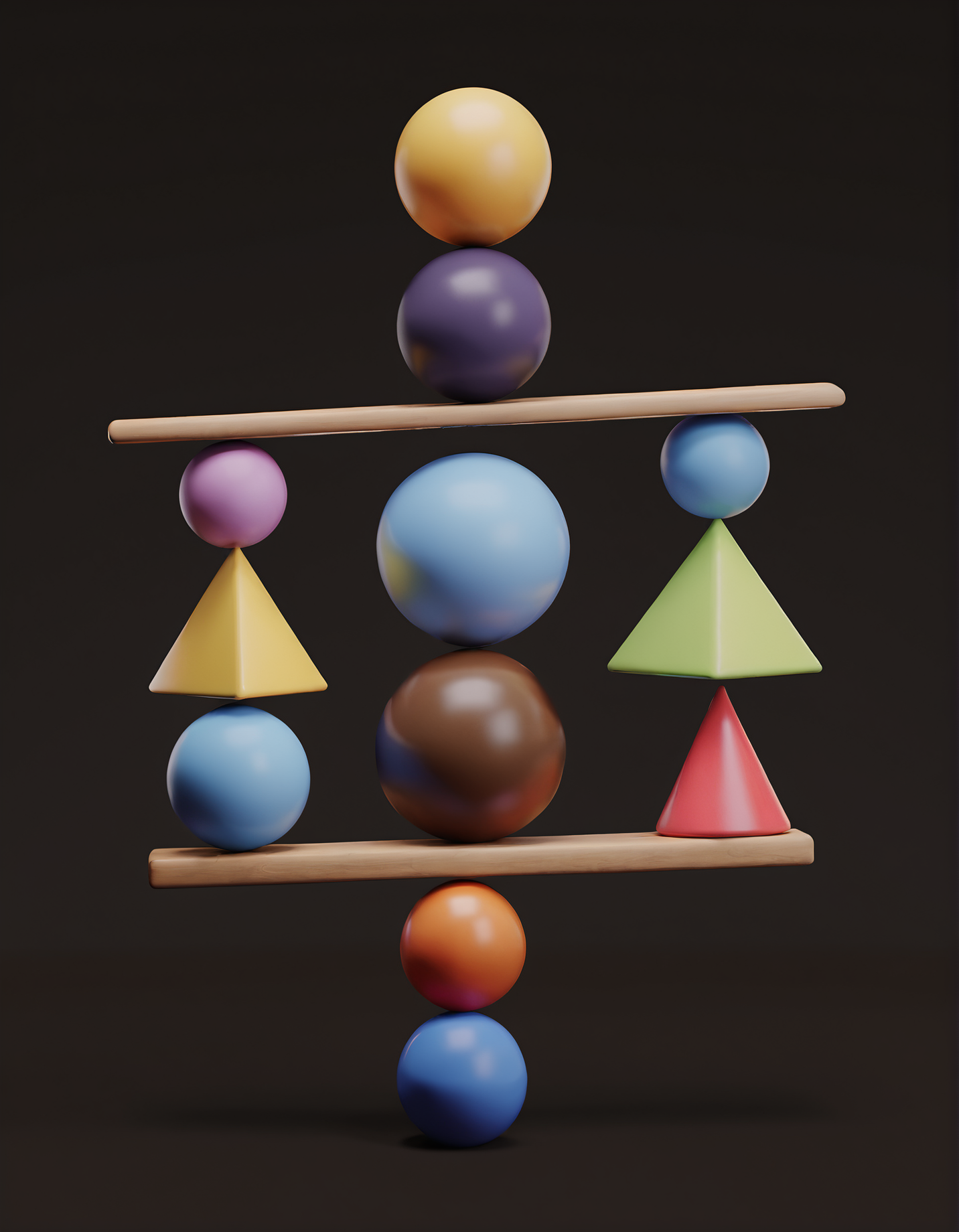 3d render, masterpiece balance composition of many colorful shapes, dark brown background <lora:3d-render-v2:1>