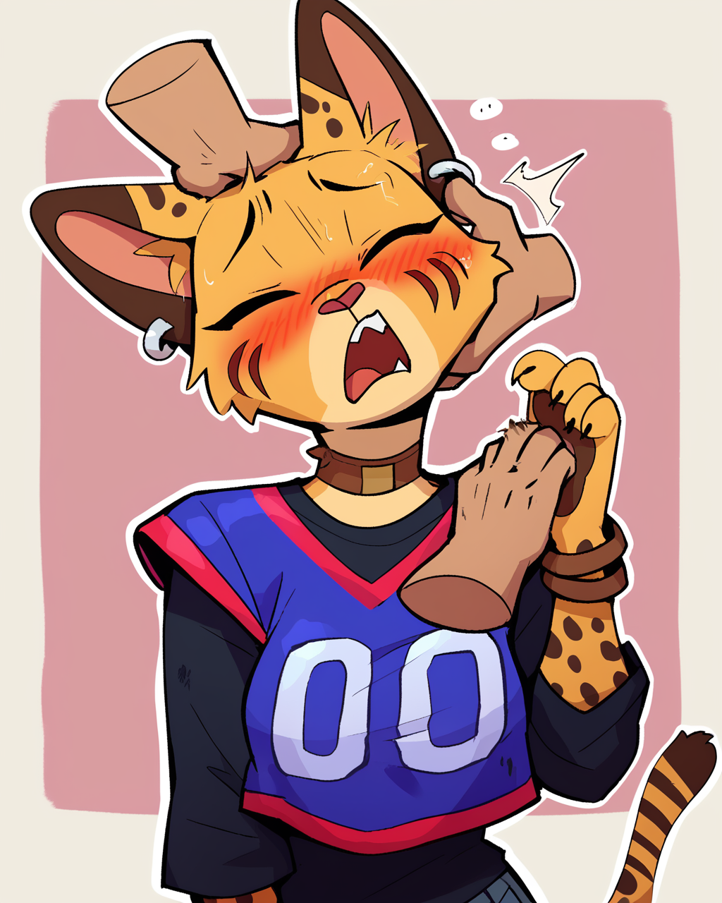 score_9_up, score_8_up, score_7_up, score_6_up, by remanedur, half-length portrait, medium breasts, brown choker, serval, eyes closed, ears down, female, blush, looking pleasured, tail, jersey, ear piercing, brown bracelet, bracelet, collar, denim bottomwear, denim jeans, ripped jeans, brown ears, brown spots, facial markings, topwear, tail, solo, open mouth, sigh, moan, petting, petting head, head pat, disembodied hands,  three-quarter view, head tilt, simple background, white outline,  <lora:Leah_Pines(AIM)_XL_v1:0.15> <lora:PDXL_artist_tags_v2_big:0.5> <lora:The-Minuscule-Task_PDXL_v1.0:0.6>  <lora:Pepper_Paminta_Ruffu:0.65>