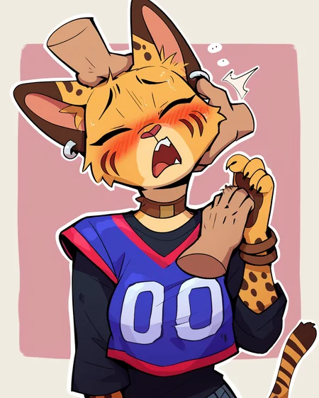score_9_up, score_8_up, score_7_up, score_6_up, by remanedur, half-length portrait, medium breasts, brown choker, serval, eyes closed, ears down, female, blush, looking pleasured, tail, jersey, ear piercing, brown bracelet, bracelet, collar, denim bottomwear, denim jeans, ripped jeans, brown ears, brown spots, facial markings, topwear, tail, solo, open mouth, sigh, moan, petting, petting head, head pat, disembodied hands, three-quarter view, head tilt, simple background, white outline, <lora:Leah_Pines(AIM)_XL_v1:0.15> <lora:PDXL_artist_tags_v2_big:0.5> <lora:The-Minuscule-Task_PDXL_v1.0:0.6> <lora:Pepper_Paminta_Ruffu:0.65>