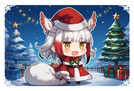 score_9, score_8_up, score_7_up, masterpiece, best quality, zzPadoru, blush, smile, open mouth, meme, holding sack, santa hat, dress, 1girl, solo, japanese crested ibis (kemono friends), head wings, multicolored hair, two-tone hair, white hair, red hair, long hair, blunt bangs, bangs, sidelocks, yellow eyes, bird tail, tail, long sleeves, wide sleeves, chibi, snow, Christmas tree, Christmas lights, Christmas border, red and green border, Christmas wreath border, presents, Christmas_card_outline