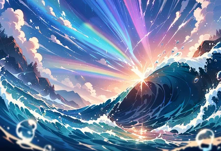 masterpiece, best quality, high quality, intricate, absurdres, very aesthetic,
no humans, landscape, outdoors,
ocean, intricate aquatic background, waves, raging ocean, storm, bubbles, water droplets, rain, rainbow, fish, water magic, sparking water,
ultra wide angle shot, cinematic style, highly detailed, extremely detailed, sharp detail, majestic, shallow depth of field, movie still, soft light, circular polarizer, colorful, wallpaper, professional illustration, anime