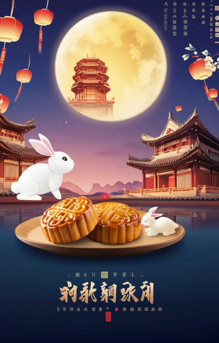 cinematic photo masterpiece,best quality,<lora:zqhb-000009:0.8>,scenery,bunny,east_asian_architecture,full_moon,poster design,night_sky,border,say,put the mooncakes on the plate, . 35mm photograph, film, bokeh, professional, 4k, highly detailed
