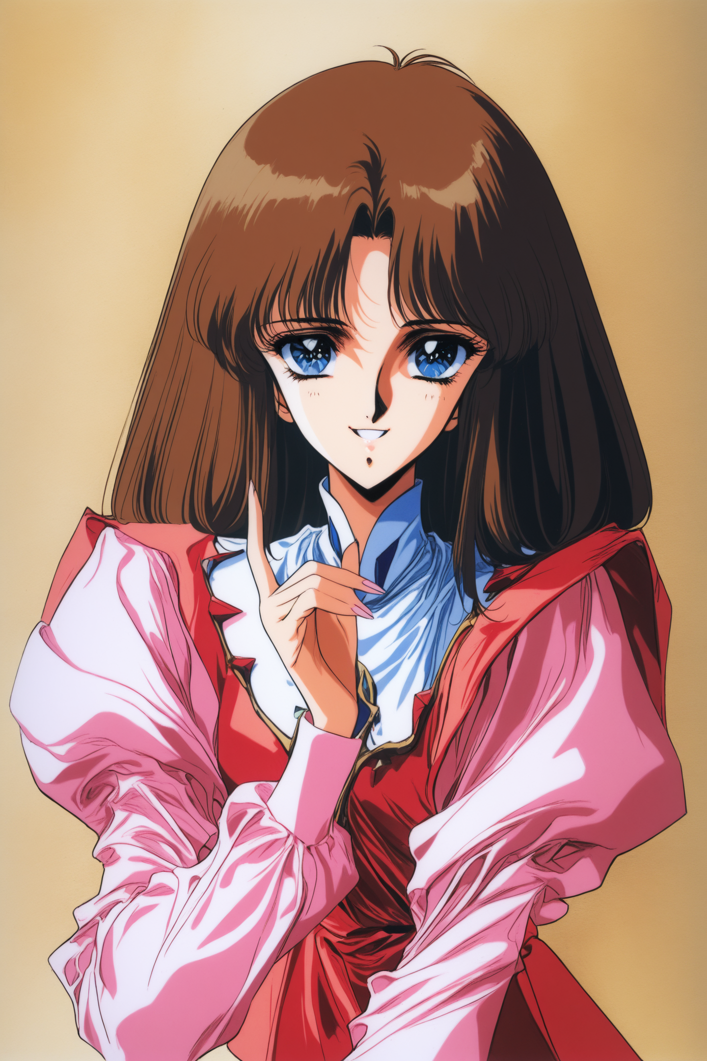 masterpiece,best quality,high quality,high score,great score,absurdres,
Lachesis,1girl,solo,blue eyes,smile,retro artstyle,long sleeves,brown hair,puffy sleeves,bangs,looking at viewer,upper body,juliet sleeves,grin,1990s \(style\),traditional media,
<lora:yuuki nobuteru_XL_v2:0.8>,
<lora:Lachesis_illustriousXL:0.9>,