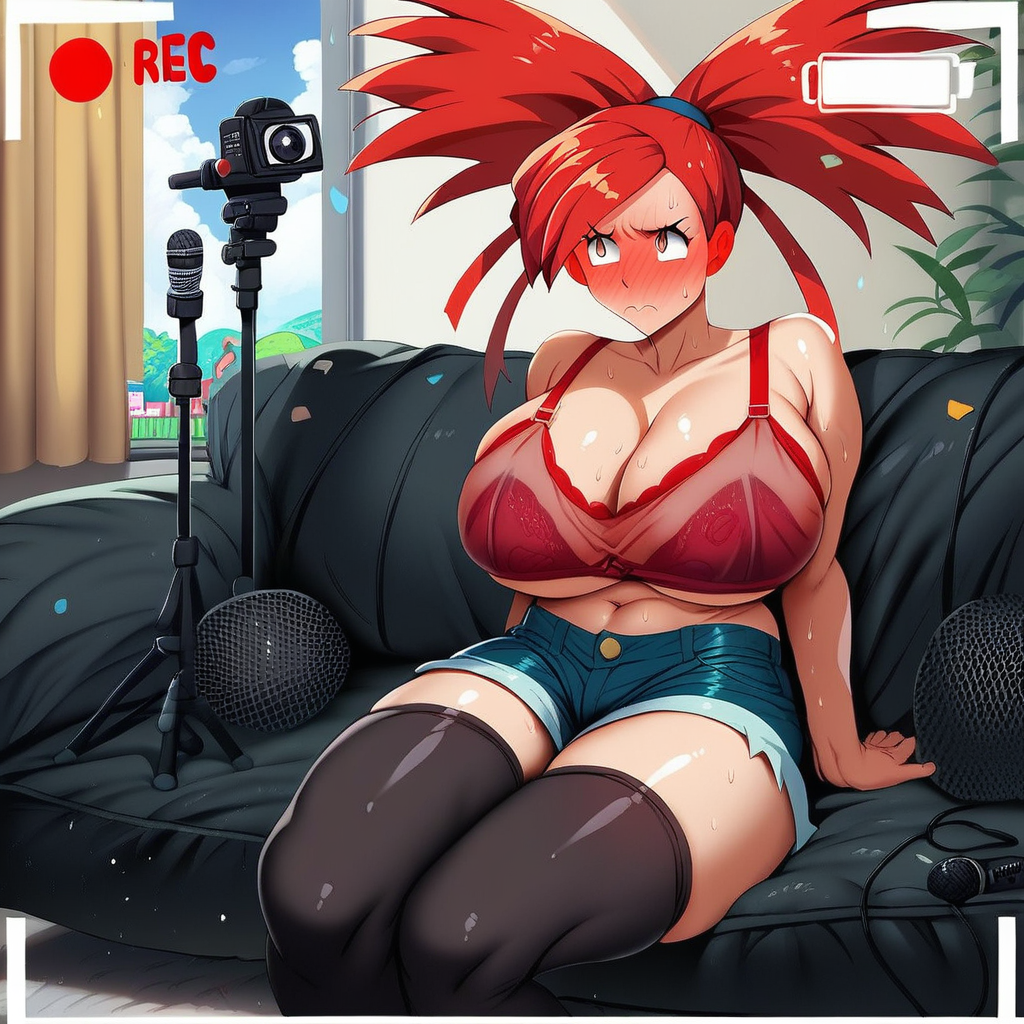 Artist Style:urushihara_satoshi, score_9, score_8_up, score_7_up, rating_explicit, castingxl, c4stingc0uch, (recording), Flannery\(Pokemon\), (red hair), 1woman, shy, blushing, see-through, crop_top, red bra, denim, shorts, thighhighs, socks, sitting, full-face blush, on couch, recording, (media player interface), battery indicator, Scenery, indoors, casting_couch, boom microphone, tripod, teasing, pouting, expressive,thigh_highs, huge breasts, navel,