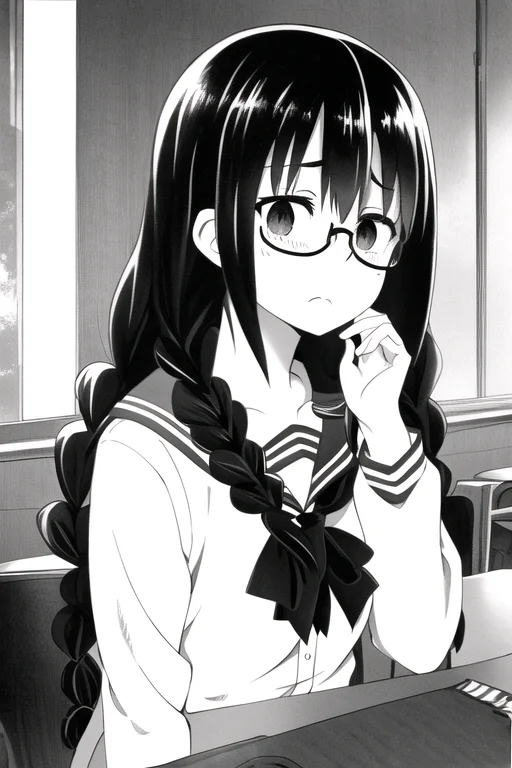 v277013, monochrome, 1girl, square glasses, (black glasses:1.3), black hair, twin braids, school uniform, sailor collar, sad, frown, closed mouth, empty eyes, in classroom