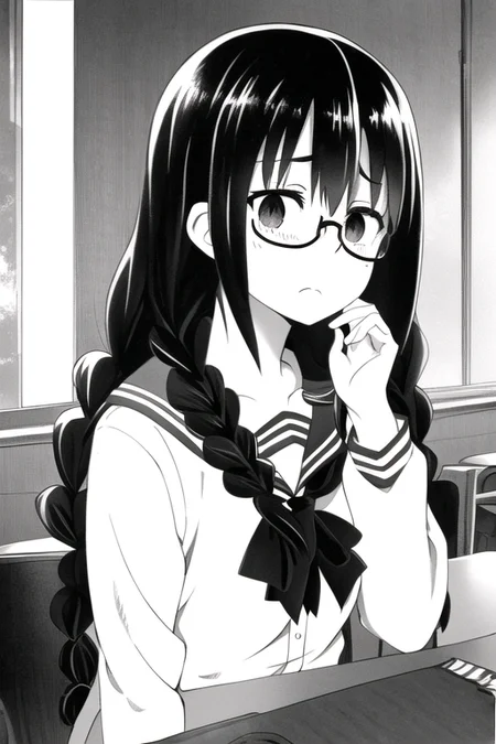 v277013, monochrome, 1girl, square glasses, (black glasses:1.3), black hair, twin braids, school uniform, sailor collar, sad, frown, closed mouth, empty eyes, in classroom