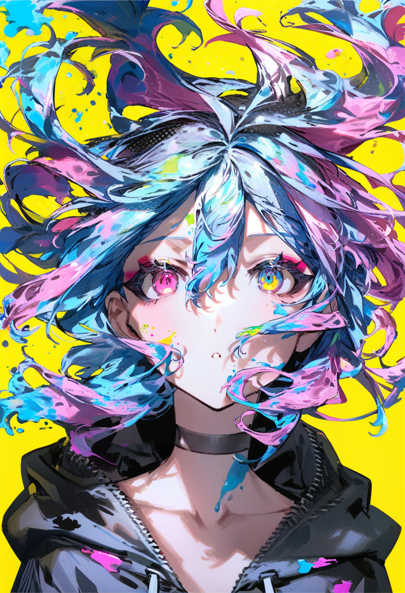 masterpiece, best quality,<lora:QUASARCAKE_XL_ANI31_lokr_V42310:0.95> solo, yellow background, choker, multicolored eyes, looking at viewer, 1girl, black choker, portrait, multicolored hair, simple background, blue hair, pink hair, hood, halftone, short hair, pink eyes, liquid hair, paint splatter, floating hair, colorful, hair between eyes, makeup, hood down